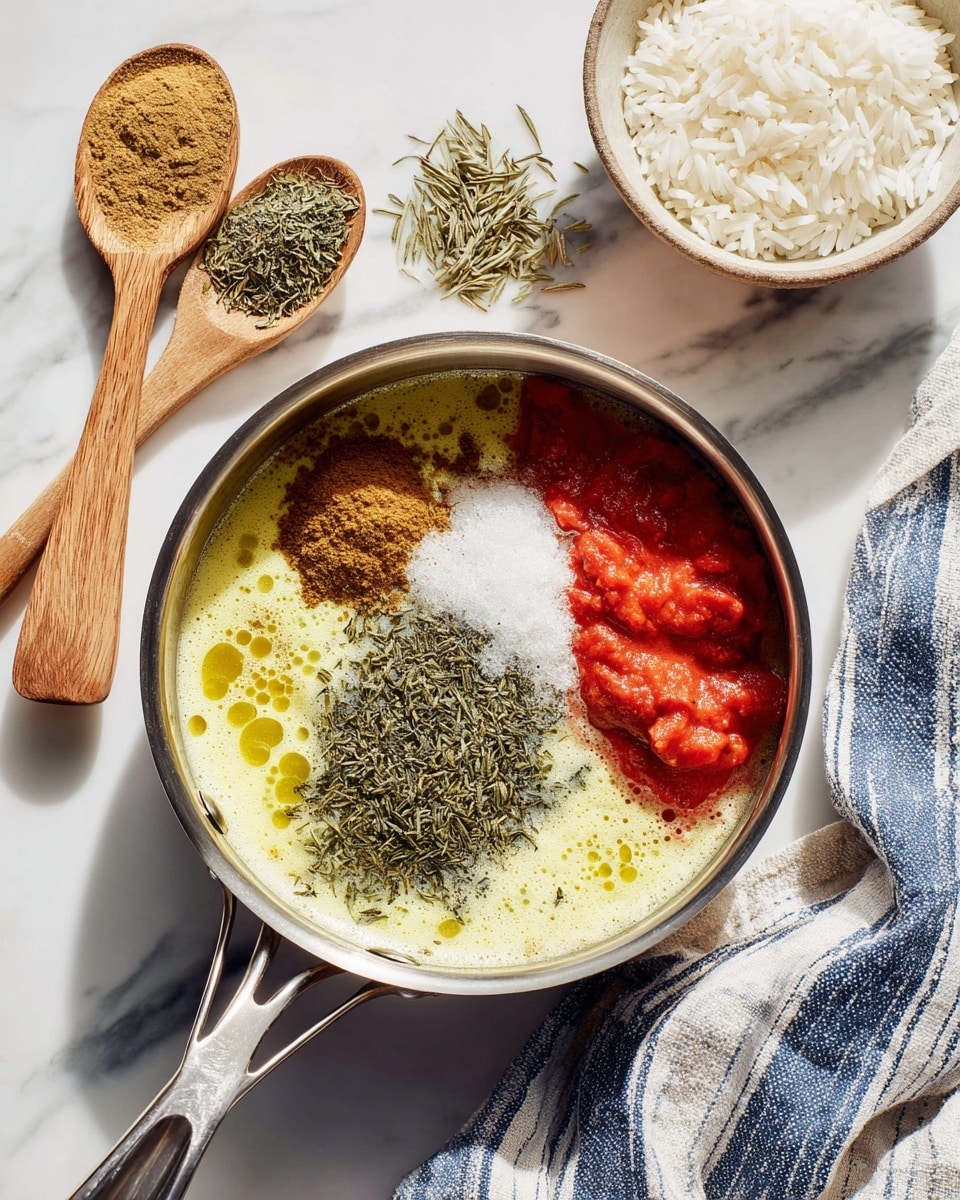 A silver saucepan is placed on a white marbled surface, filled with five distinct layers of ingredients. The bottom layer is a foamy light yellow liquid with bubbles, topped on the left by a small mound of brown powder and next to it, a pile of dark green dried herbs. To the right is a smooth, bright red paste layer, and above it sit chunky pieces of fresh red tomato. Near the saucepan, there are two wooden spoons with green dried herbs on them and a bowl of white rice with a blue and white striped cloth nearby. Photo taken with an iphone --ar 4:5 --v 7