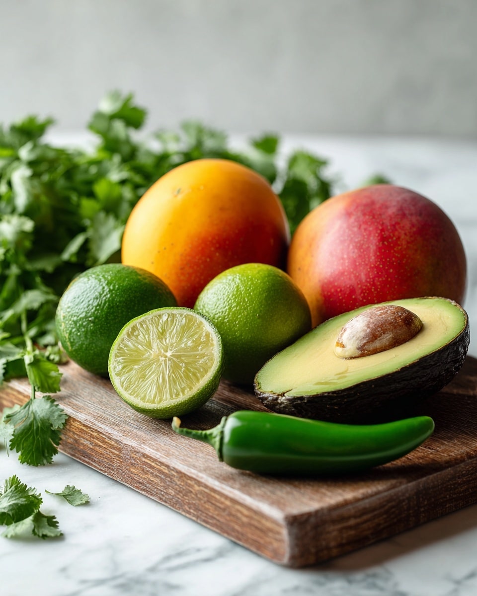 The image shows a wooden cutting board placed on a white marbled surface. On the board, there are two whole mangoes with colors blending from orange to red, a whole lime, half a lime showing light green and white inside, a whole green jalapeño pepper with a smooth shiny surface, a bunch of fresh green cilantro, and one avocado cut in half displaying its creamy green flesh and a large brown seed in the center. The background is bright and softly blurred, focusing attention on the fresh fruits and herbs. Photo taken with an iphone --ar 4:5 --v 7