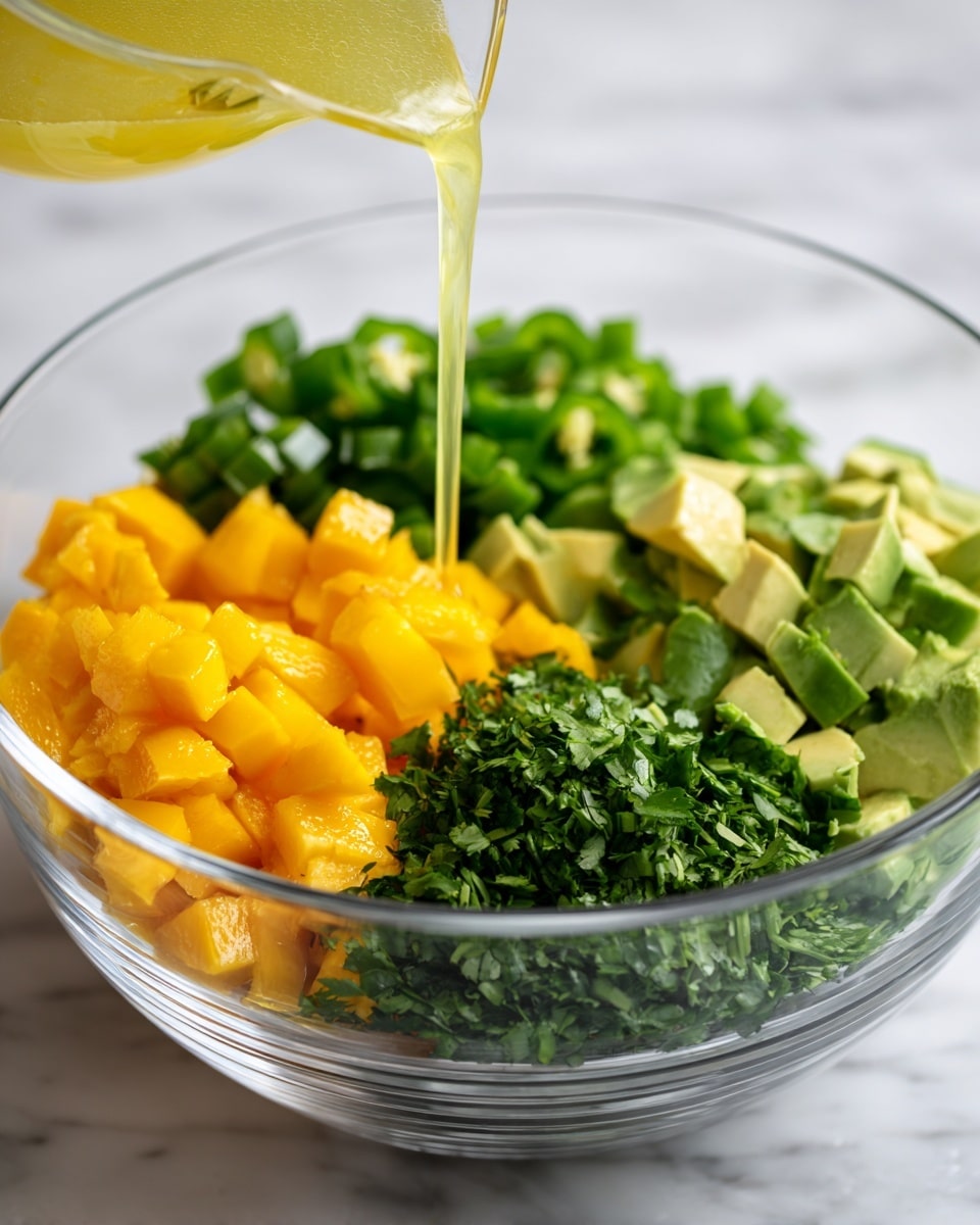 A clear glass bowl contains four main layers of fresh ingredients arranged side by side: bright yellow chunks of mango in the bottom left, dark green chopped jalapeño peppers in the top left, light green diced avocado pieces in the top right, and a pile of finely chopped, vibrant green cilantro in the bottom right. A light yellow liquid is being poured into the bowl from above, slightly blurred in motion. The background is a white marbled texture photo taken with an iphone --ar 4:5 --v 7
