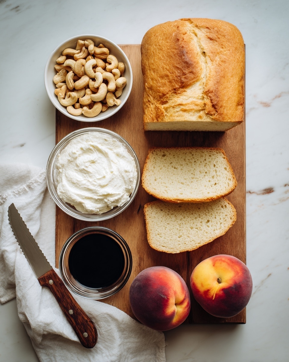 A wooden board sits on a white marbled texture with a loaf of golden brown bread on the right side, two slices of the bread placed just below it showing its soft, light beige inside. Above the bread, there is a small white bowl filled with cashew nuts. Below the cashews is a clear glass bowl filled with thick, white creamy cheese. Below that is a small white bowl with dark balsamic vinegar. In the bottom right corner, two ripe peaches with a mix of red, purple, and yellow skin rest next to the bread. A serrated knife with a wooden handle lies diagonally across a white cloth on the bottom left side. photo taken with an iphone --ar 4:5 --v 7