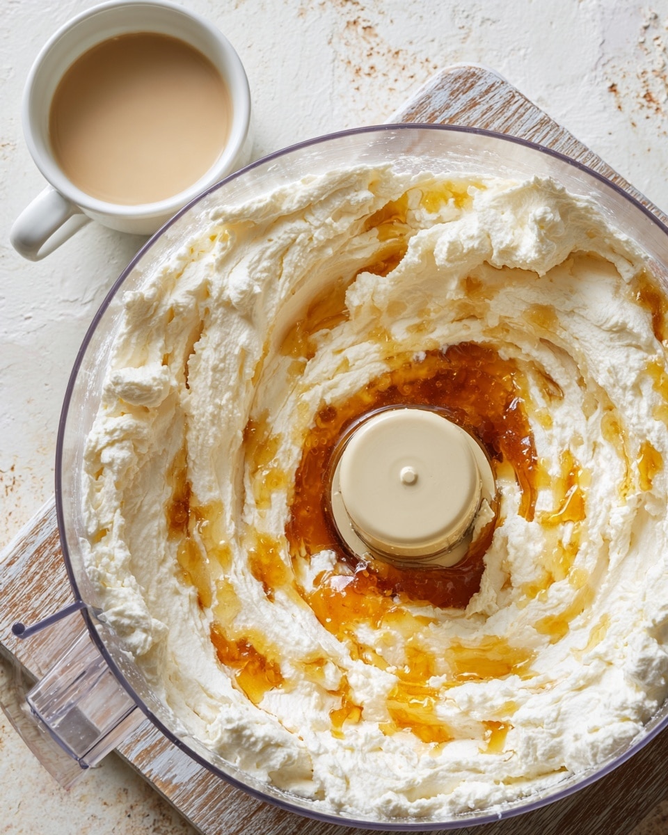 A close-up view inside a clear food processor bowl shows a thick white creamy layer of ricotta cheese spread unevenly across the bottom. On top of this creamy base, there is a small amount of golden honey drizzled loosely, adding a glossy amber color contrast. The food processor blade in the center is pale beige, surrounded by the cheese and honey. Nearby in the top left corner, there is a small white cup filled with a light creamy liquid. All these items rest on a white marbled surface with a partial wooden texture visible in the background. Photo taken with an iphone --ar 4:5 --v 7