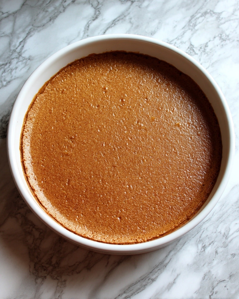 A round white baking pan holds one smooth, thin brown layer that looks like a base or crust, with a slightly shiny surface and a few small white specks scattered on top, sitting on a white marbled textured background photo taken with an iphone --ar 4:5 --v 7