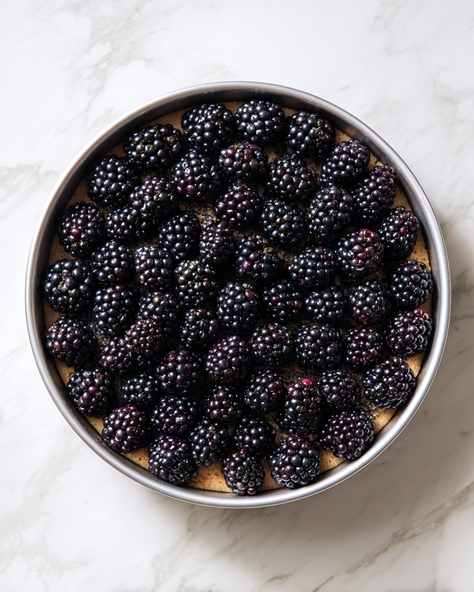 The image shows a round silver metal pan filled with a single layer of dark blackberries covering the entire top. The blackberries are plump and shiny with a rich black-purple color, tightly packed next to each other. Underneath the berries, there is a brownish layer that is barely visible around the edges. The pan sits on a white marbled surface with subtle gray veins, adding a clean look to the scene. Photo taken with an iphone --ar 4:5 --v 7