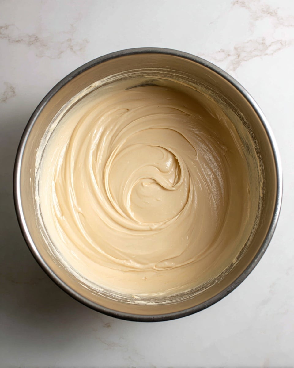 The image shows a single large stainless steel mixing bowl with smooth, light beige batter inside. The batter has a creamy, slightly thick texture with gentle swirls and folds visible on the surface, filling about one-third of the bowl's depth. The bowl sits on a white marbled surface. Photo taken with an iphone --ar 4:5 --v 7
