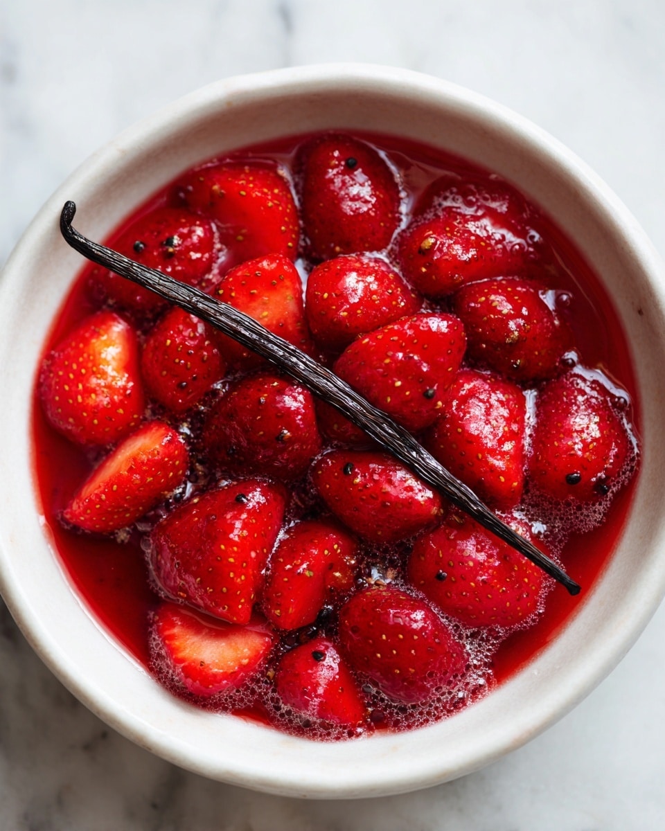 A close-up view of a white bowl filled with a single layer of cooked strawberries. The strawberries are deep red and soft, floating in a thick red syrup with small bubbles and specks of black vanilla seeds. On top of the strawberries lies a whole dark vanilla bean pod stretching across the center, adding texture and contrast to the vibrant red fruit. The bowl rests on a white marbled surface. photo taken with an iphone --ar 4:5 --v 7