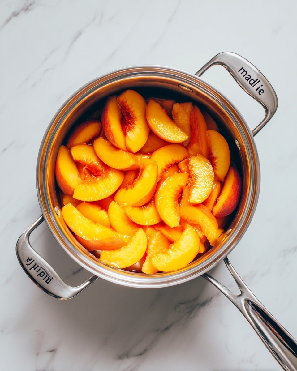 A top view of a stainless steel pot filled with bright orange peach slices evenly spread inside. The pot has a long handle and a shorter handle with the word