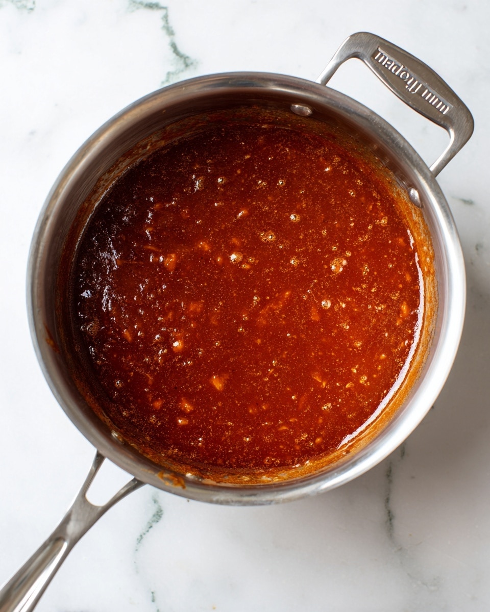 A stainless steel pot is shown from above, filled with a thick, glossy reddish-brown sauce that has a texture of small chunks and smooth parts, giving it a rich and slightly shiny look. The pot has a long handle on one side and a short handle on the other, both made of metal, with
