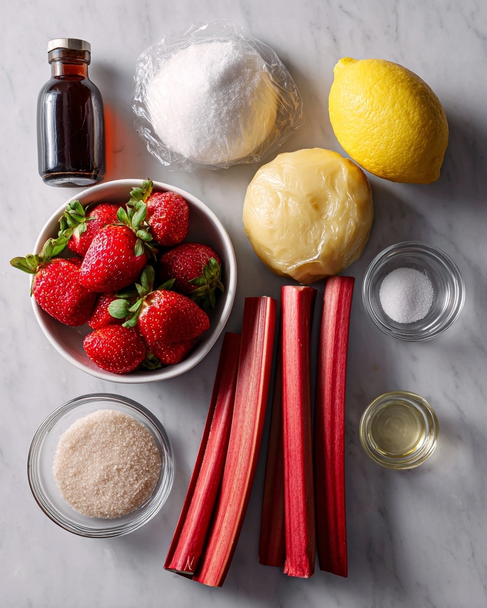 The image shows ingredients laid out neatly on a white marbled surface. There is a small white bowl filled with bright red strawberries with green tops, positioned near the center left. To the right of the strawberries, there are five long, reddish rhubarb stalks with a smooth texture. Above the strawberries, there is a yellow lemon with a slightly rough skin, and next to it, a round piece of light yellow dough wrapped in clear plastic. At the top left, there is a clear glass bowl filled with white granulated sugar. Below the strawberries and to the left, a dark brown bottle of vanilla extract is placed, and above it two small clear glass bowls hold white powdery ingredients, one likely cornstarch and the other salt. photo taken with an iphone --ar 4:5 --v 7