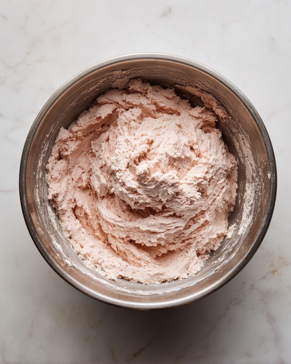 A metal mixing bowl filled with a thick, soft dough that is light pink in color and has a slightly grainy texture. The dough sits unevenly inside the bowl, showing some scraped marks on the sides. The bowl is placed on a white marbled surface. photo taken with an iphone --ar 4:5 --v 7
