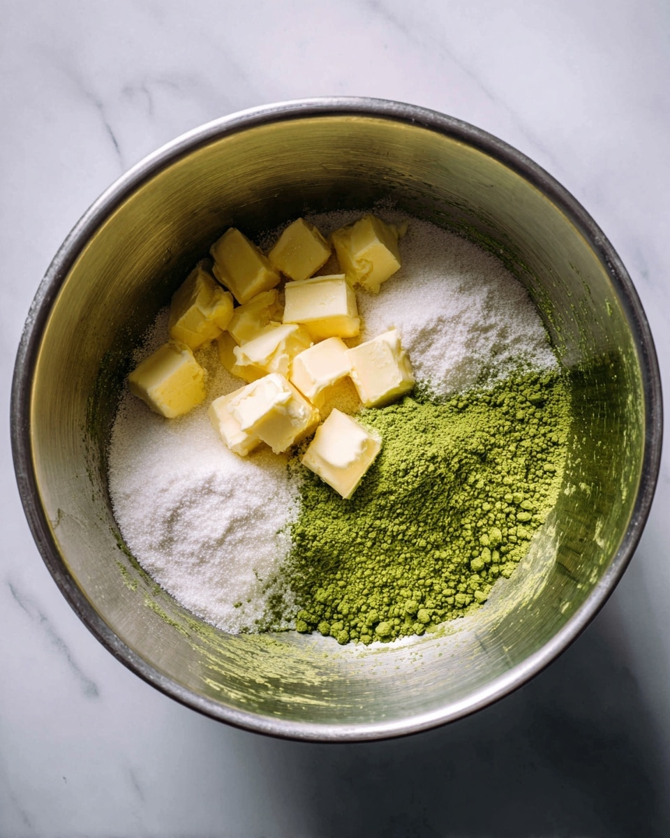 Inside a large silver mixing bowl, there are three layers of ingredients. The bottom layer shows small cubes of yellow butter, placed together in the center. On top of the butter, a white granulated sugar layer spreads evenly, covering parts of the butter. The third layer is bright green matcha powder, scattered in small piles on one side of the sugar. The bowl sits on a white marbled surface, with soft natural light coming from above. photo taken with an iphone --ar 4:5 --v 7