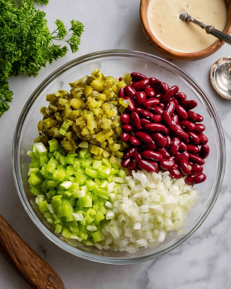 A clear glass bowl filled with four layers of food; the top left layer has smooth, shiny red kidney beans, the top right layer has small, chopped pickles in different shades of green, the bottom left layer is made of small pieces of bright green celery, and the bottom right layer shows finely chopped white onions. The bowl is on a white marbled surface with a small wooden bowl filled with a creamy sauce and a bunch of green parsley in the background. A small silver spoon with a clear handle is placed nearby. Photo taken with an iphone --ar 4:5 --v 7
