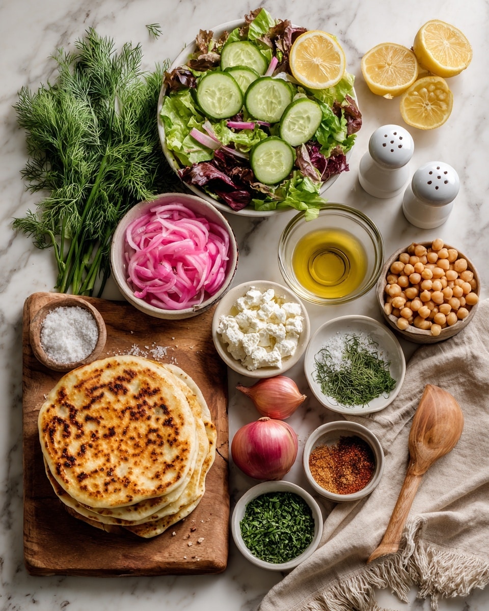 The image shows a spread of fresh ingredients arranged on a white marbled surface. On a wooden cutting board in the center bottom, there is a flatbread with a golden-brown grilled top layer, next to three small white bowls containing crumbly white cheese, bright red grape tomatoes, and pink pickled onions. In the middle of the board, there is a bowl filled with mixed green salad leaves of various shades. Above, a larger wooden board holds a halved cucumber with two slices, two lemon wedges, a small glass bowl of golden oil, a white bowl filled with a creamy white substance, a bunch of fresh dill, and two white salt and pepper shakers. To the right on a beige cloth are a red onion, three garlic cloves, a small bowl of chickpeas, a wooden spoon resting on a small mound of white flour, a small jug of oil, and three small bowls of fresh green herbs. Finally, there is a white bowl filled with an assortment of ground spices in brown, red, and white shades. photo taken with an iphone --ar 4:5 --v 7