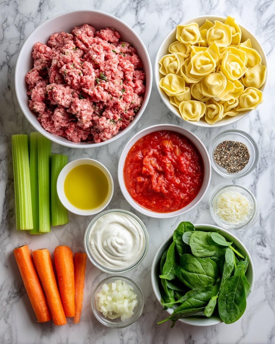 The image shows several white bowls and vegetables arranged on a white marbled surface. At the top center is a large white bowl filled with raw ground meat that is pink and slightly chunky. To its right is a medium white bowl with yellow tortellini pasta, rounded with visible folds. Next to that are vibrant green celery stalks placed diagonally. Below the meat bowl is a small white bowl of diced tomatoes in red liquid, and in the center is a small clear bowl with white cream. To the right of the cream is a small white bowl filled with smooth red tomato sauce. Below on the left, there is a small white bowl with yellowish oil, next to three fresh orange carrots with a slightly rough texture. To the bottom right are fresh green spinach leaves, a small white bowl of finely chopped white onions, a small white dish with minced garlic, and a small white dish of mixed salt and black pepper. The whole setup is arranged neatly in a flat lay style photo taken with an iphone --ar 4:5 --v 7