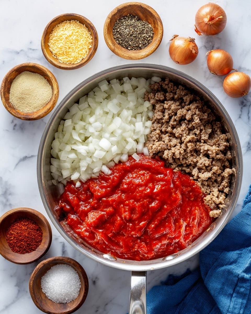 A shiny metal pot sits on a white marbled surface, filled with four main layers of ingredients side by side: cooked ground meat in a brownish color on the top right, finely chopped white onions on the left, a thick bright red sauce in the middle, and a smooth red ketchup-like sauce covering the bottom right corner. Surrounding the pot are six small wooden bowls arranged around it, each bowl holding different spices and seasonings in colors like pale yellow, dark red, light brown crumbs, white granules with black pepper, and whole brown balls. A blue cloth is partially visible on the right edge of the image. Photo taken with an iphone --ar 4:5 --v 7