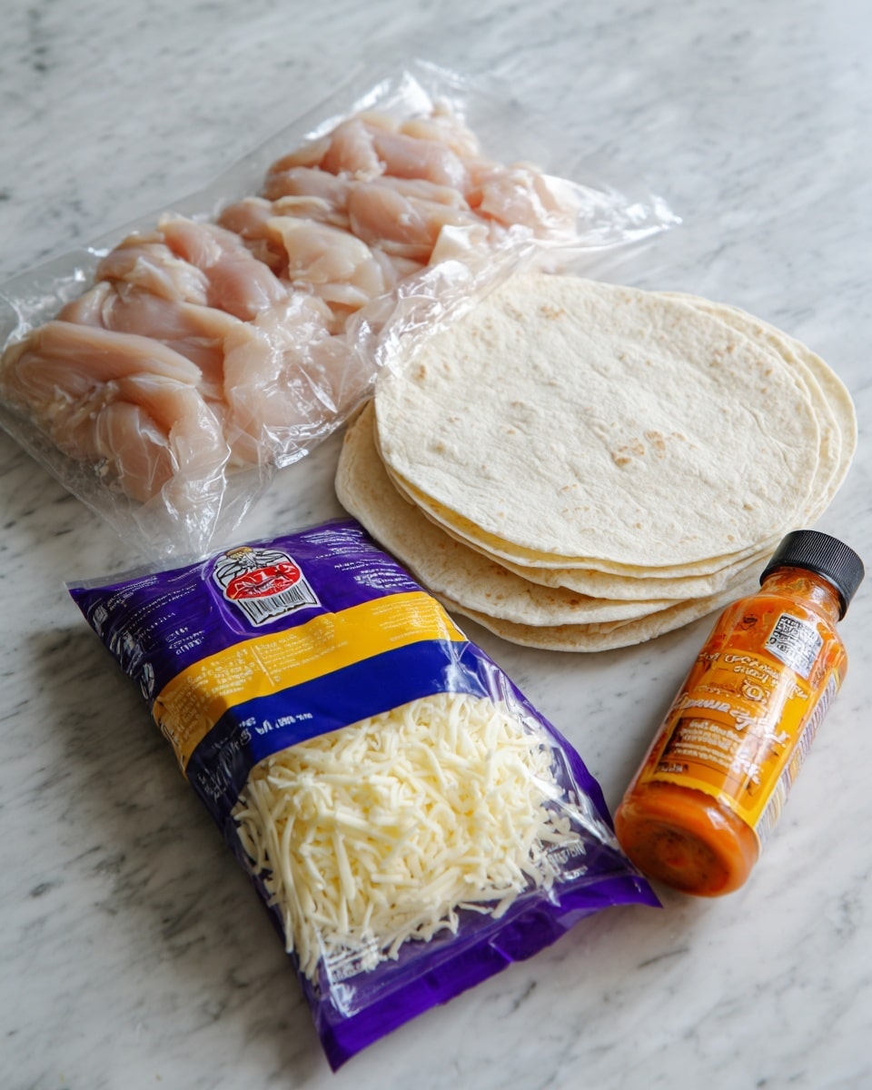 A clear plastic package of thin sliced chicken pieces is placed on top of a pack of large white flour tortillas in a clear bag with a blue and yellow stripe and red logo. Next to the chicken is a purple package of shredded white and pale yellow Monterey Jack cheese, and in front of the cheese is a small clear bottle of bright orange Buffalo Mild wing sauce with a black cap. All items rest on a white marbled surface photo taken with an iphone --ar 4:5 --v 7