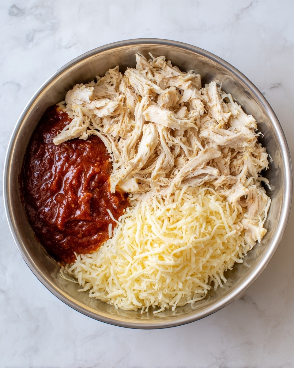 A white round metal bowl sits on a white marbled surface, filled with three separate layers of ingredients. At the top right is a pile of light beige shredded cooked chicken with a soft, fibrous texture. Just below the chicken, to the right side, is a mound of pale yellow shredded cheese, finely grated and piled high. To the left, covering the remaining lower left quarter of the bowl, is a smooth, thick layer of reddish-brown barbecue sauce with a shiny surface. Photo taken with an iphone --ar 4:5 --v 7