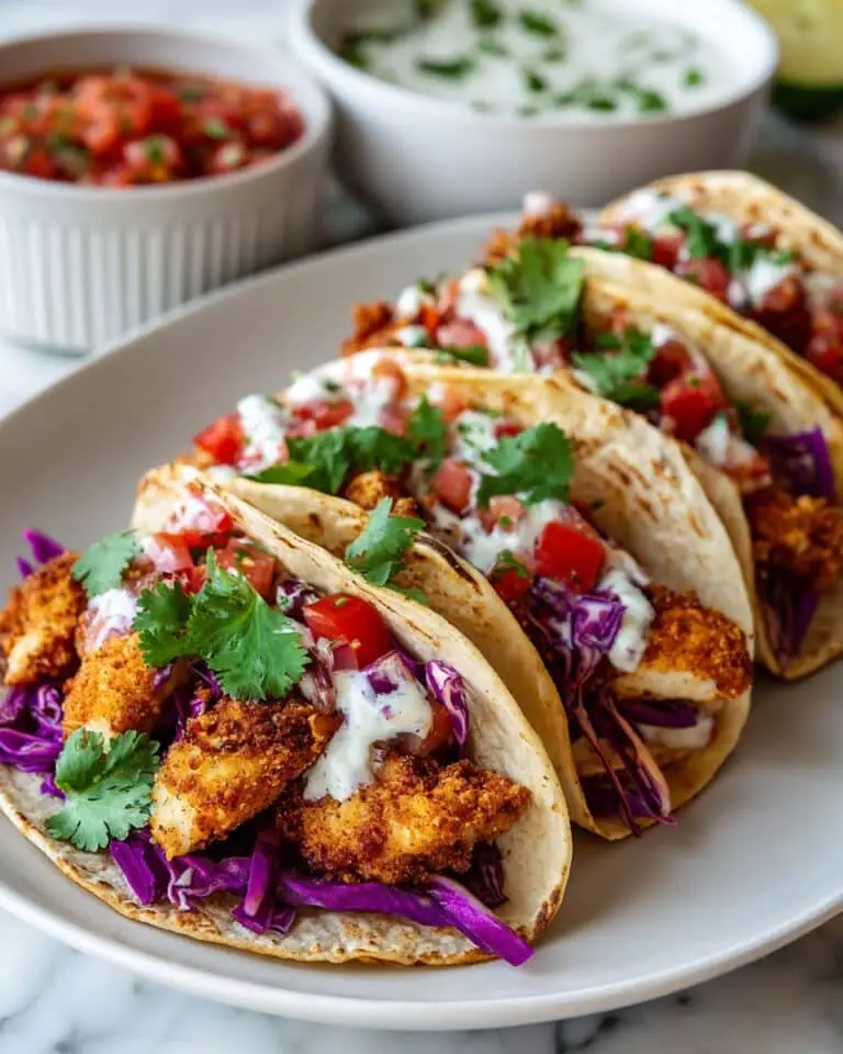 Fried Chicken Tacos with Lime Crema and Red Cabbage Recipe