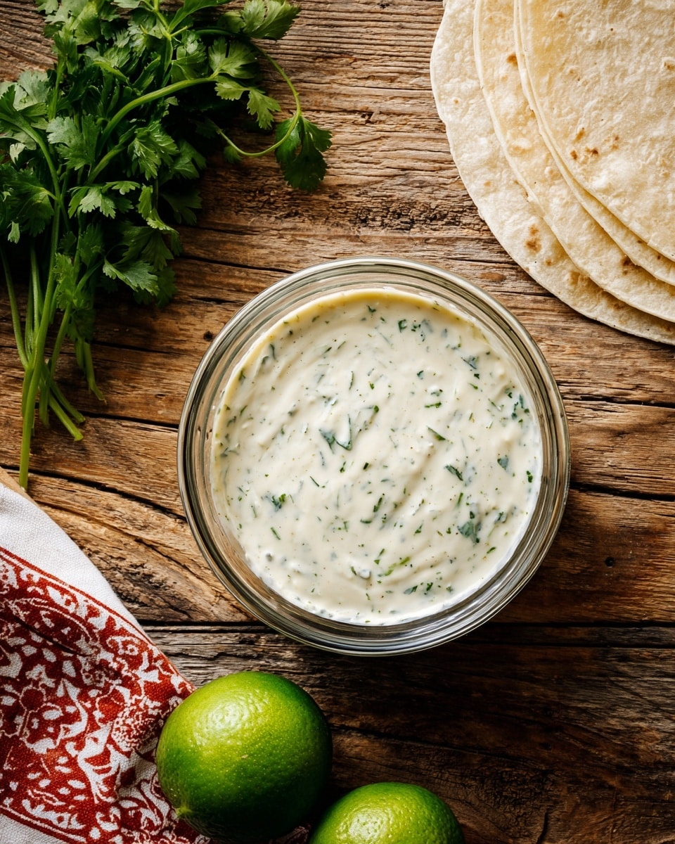 A clear glass bowl filled with creamy white sauce that has small green bits mixed inside, sitting on a scratched wooden surface. To the right of the bowl, there are two pale-colored circle tortillas partially covered by a small bunch of green cilantro leaves. In the bottom left corner, two halved bright green limes rest on a red and white patterned cloth. The scene is bright and simple with a rustic vibe. photo taken with an iphone --ar 4:5 --v 7