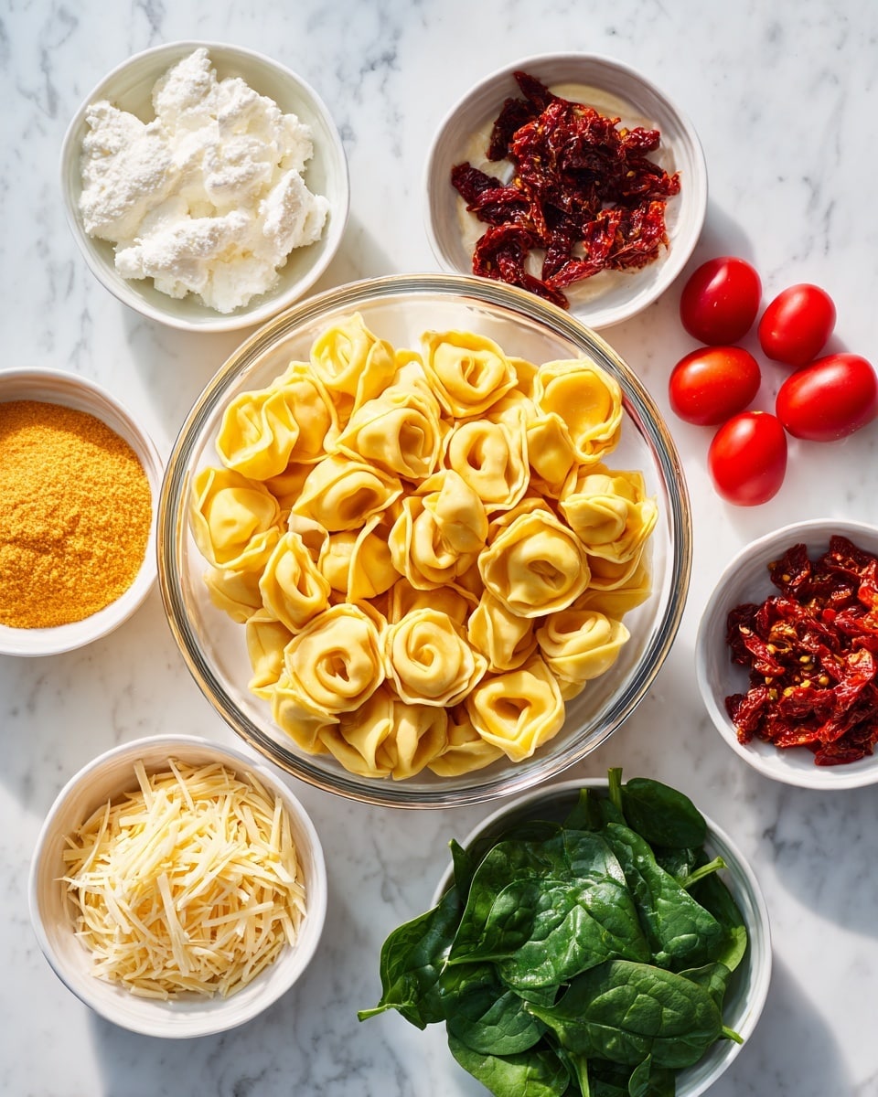 A clear glass bowl filled with cooked yellow tortellini sits in the center on a white marbled surface. Surrounding it in a loose circle are six small white bowls and ramekins, each filled with different ingredients: one has white ricotta cheese, another creamy yellowish sauce, a third contains a fine light yellow powder, the next holds a thick orange sauce, one is filled with dark red sun-dried tomatoes in oil, and the last has shredded pale yellow cheese. Bright red cherry tomatoes and fresh green spinach leaves are scattered around the bowls, adding pops of color. The overall setup is neat and colorful with a clean white marbled texture background. photo taken with an iphone --ar 4:5 --v 7