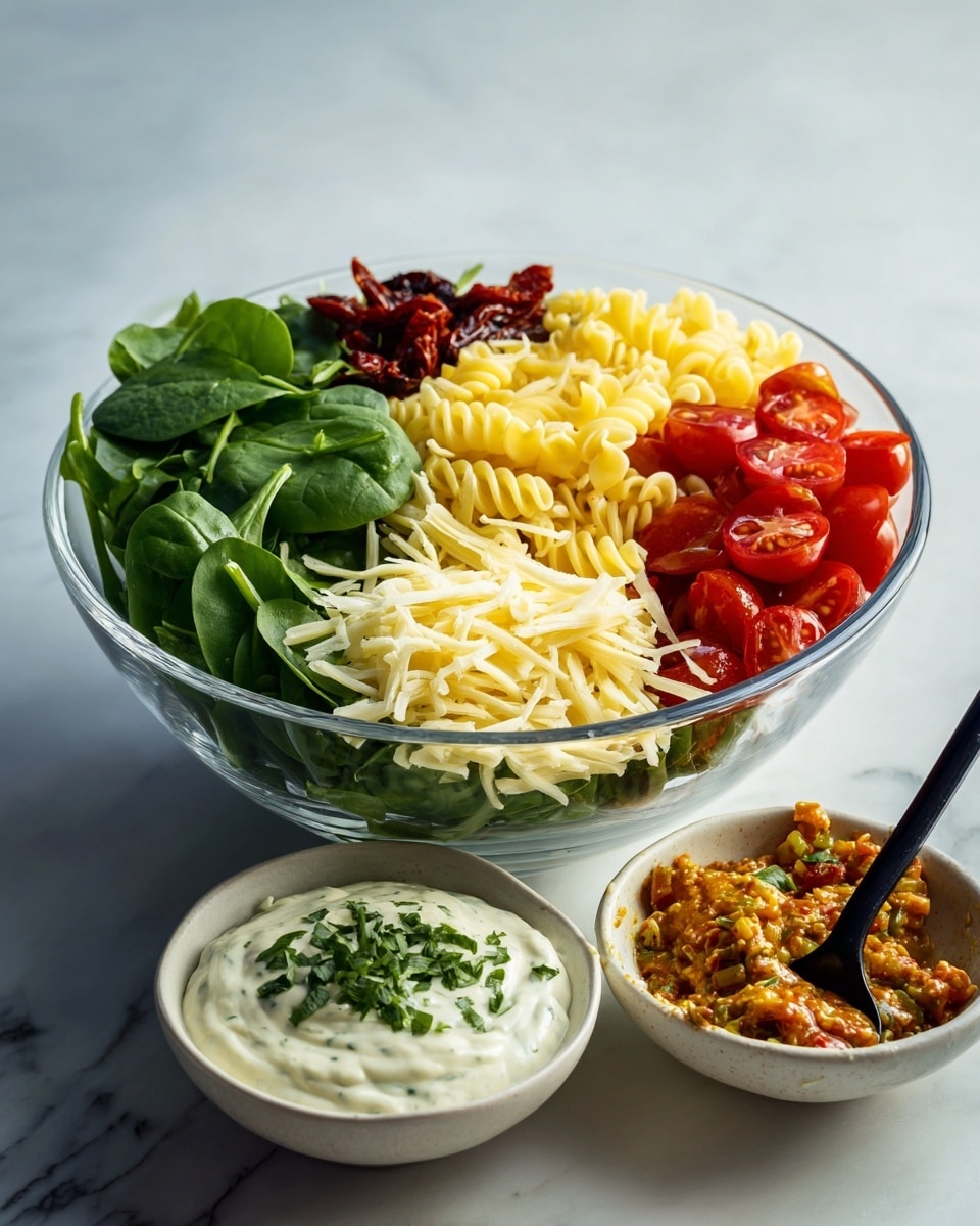 A clear glass bowl on a white marbled surface holds a fresh salad with five layers: bright green spinach leaves on the top left, small yellow pasta pieces underneath, a pile of dark sun-dried tomatoes below the pasta, a heap of shredded pale yellow cheese on the top right, and a cluster of vibrant red, halved cherry tomatoes on the bottom right. In front of the salad bowl, a white bowl contains a golden brown sauce mixed with fresh green chopped herbs and a large dollop of creamy white mayonnaise with a black spoon resting inside. Photo taken with an iphone --ar 4:5 --v 7