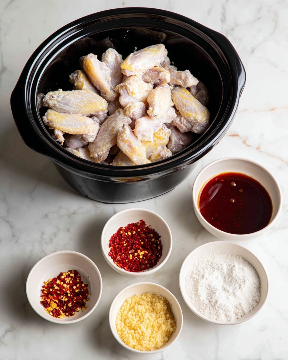 The image shows a black slow cooker filled with frozen chicken wings that have a pale yellow and white icy texture. In front of the slow cooker are five small white bowls arranged in two rows; the back row has two larger bowls, one filled with thick reddish-brown sauce and the other with a dark soy-like liquid, both smooth and shiny. The front row has three smaller bowls containing different ingredients: bright red chili flakes with yellow seeds, a heap of fine white powder that looks like starch, and a dollop of coarse yellow garlic paste. All items are set on a white marbled surface. Photo taken with an iphone --ar 4:5 --v 7