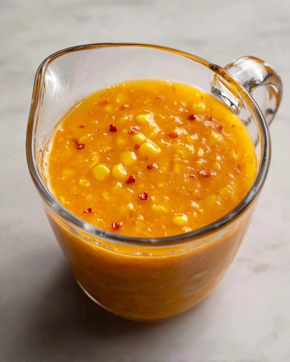 A clear glass measuring cup is filled with a thick orange-yellow sauce that has small bits of yellow corn and red chili flakes spread throughout. The sauce’s texture looks slightly chunky and glossy, and the chili flakes create a speckled effect on the surface. The measuring cup sits on a white marbled surface, with the handle facing forward. The lighting brings out the bright and warm colors of the sauce, making it look rich and spicy. photo taken with an iphone --ar 4:5 --v 7