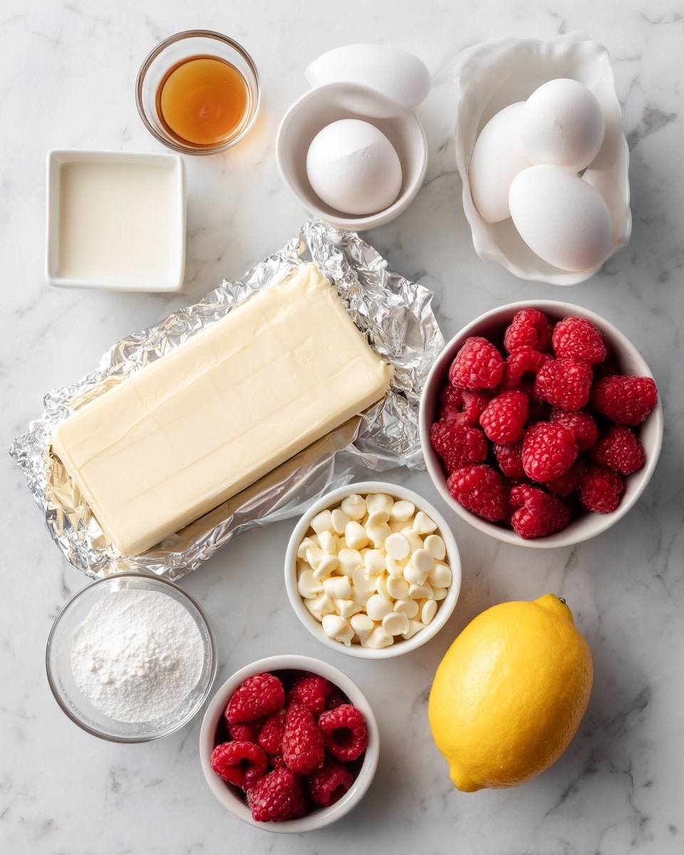 The image shows various baking ingredients neatly arranged on a white marbled surface. There are two white eggs in a small white bowl at the top center, a whole yellow lemon on the right, and a small white bowl filled with bright red raspberries below it. To the left, there is a large rectangular block of cream cheese in silver foil, and a stick of unsalted butter wrapped in cream-colored paper is placed nearby. Additionally, small white bowls hold white chocolate chips, sugar, and powdered sugar, while two small clear glass cups contain cream or milk. At the top left, a small square white dish holds a golden-brown liquid, likely vanilla extract or syrup. The arrangement is clean and simple, with bright, natural colors standing out against the white marble background photo taken with an iphone --ar 4:5 --v 7