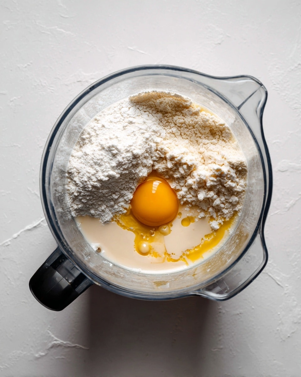 A clear blender jar is placed on a white marbled surface, filled with several ingredients waiting to be mixed. There is a layer of white flour on one side, an uncooked egg with a bright yellow yolk positioned near the center, and some light beige liquid pooling around the egg, likely milk. The textures range from the powdery flour to the smooth, shiny egg yolk and the wet liquid, all sitting unmixed in the blender container. The blender jar has a black handle on the left side. Photo taken with an iphone --ar 4:5 --v 7