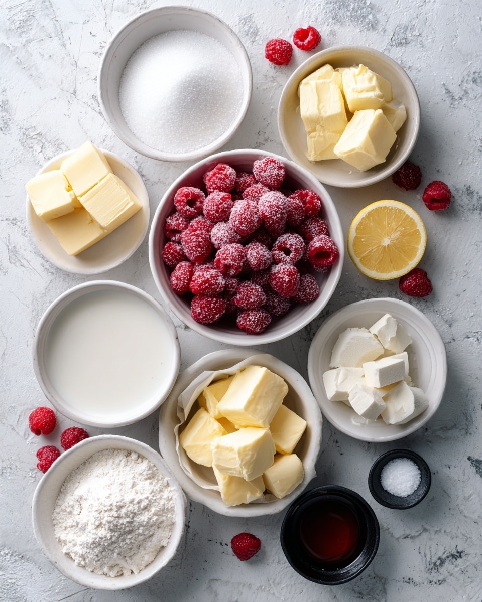 The image shows nine white bowls arranged on a surface with a white marbled texture. In the center, there is a bowl filled with frozen red raspberries covered lightly with frost. Above it and slightly to the left is a bowl of fine white sugar. To the right of the raspberries is a bowl of pale yellow butter cut into cubes. Below the raspberries, a bowl holds white liquid, likely cream or milk. Below and to the right of the liquid is a bowl filled with fine white flour. Below and slightly left of the flour is another bowl with small chunks of white substance, possibly shortening or lard. At the top right corner, there is a small bowl with dark brown liquid, likely vanilla extract. On the bottom right is a tiny black bowl with white salt. Near the top center of the scene is a halved lemon showing its bright yellow juicy interior. Small red raspberries are scattered randomly around the bowls. Photo taken with an iphone --ar 4:5 --v 7