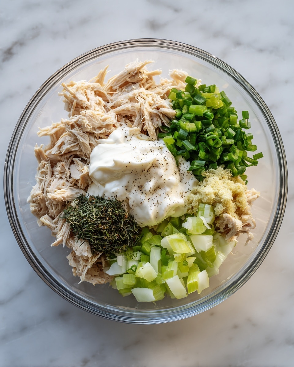 A clear glass bowl on a white marbled surface holds several layers of ingredients separated and not mixed yet. The bottom layer is shredded cooked chicken in a light tan color with pieces showing some browning. On top of the chicken, there is a big dollop of thick white mayonnaise placed near the center. To one side, chopped fresh green scallions sit with a smooth texture. Next to the scallions are small diced pieces of crisp celery in a pale to bright green color. There is a small pile of dried green herbs, likely dill, near the mayonnaise. A small amount of pale yellow mustard is added beside the dill. Freshly ground black pepper is sprinkled over the celery and mustard area, showing small black specks. The bowl is simple and clear, showing all the layers clearly from above photo taken with an iphone --ar 4:5 --v 7