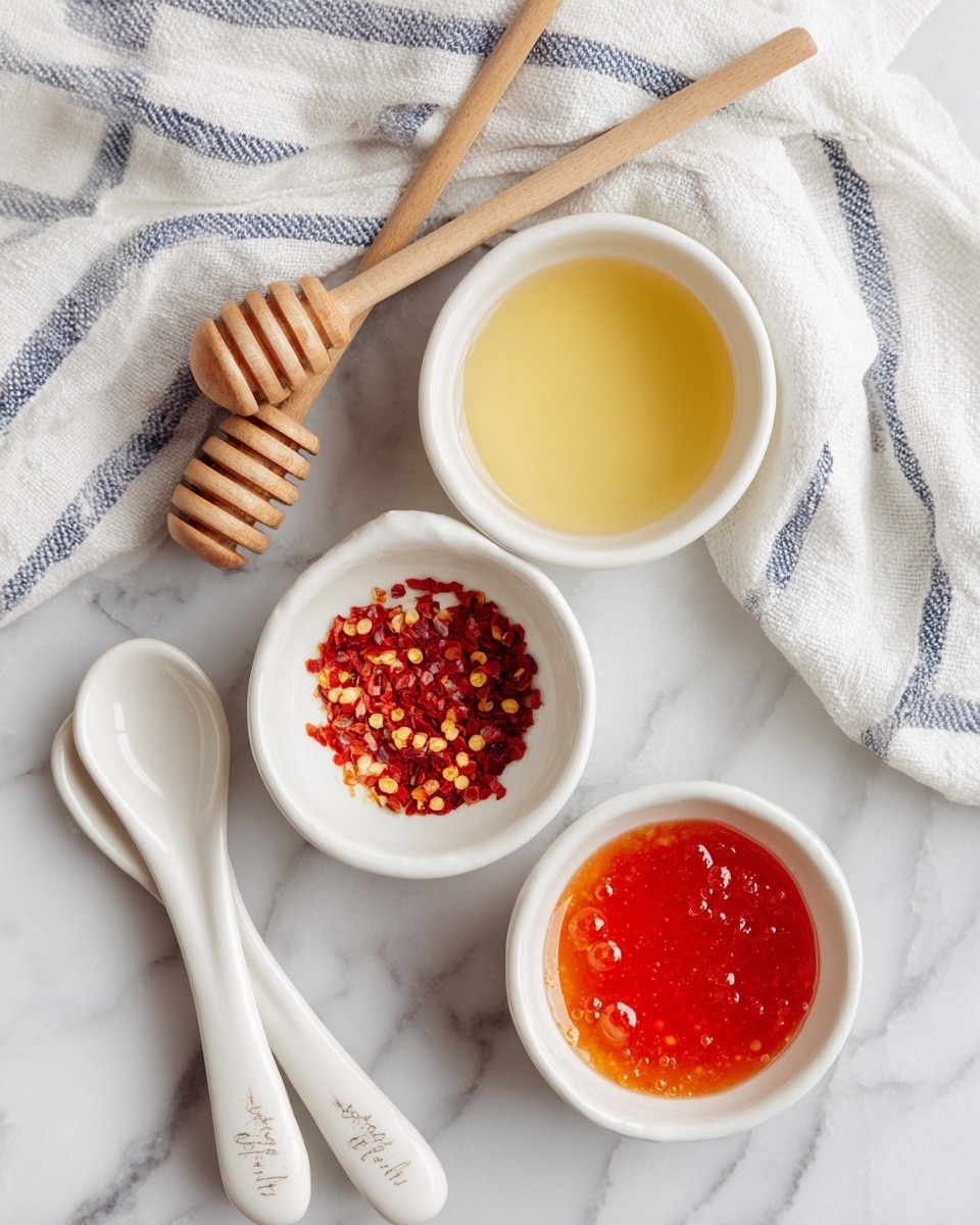 The image shows three small white bowls arranged on a white marbled surface, each holding a different ingredient: the top bowl contains a light yellow liquid, the middle bowl has red chili flakes, and the bottom bowl holds a bright red sauce with small bubbles. Two wooden honey dippers are placed diagonally on the left side of the bowls. To the right and slightly above the bowls, a white and blue striped cloth casually drapes across the surface. At the bottom left corner, two white ceramic spoons with small brown text on the handles lie next to each other. photo taken with an iphone --ar 4:5 --v 7
