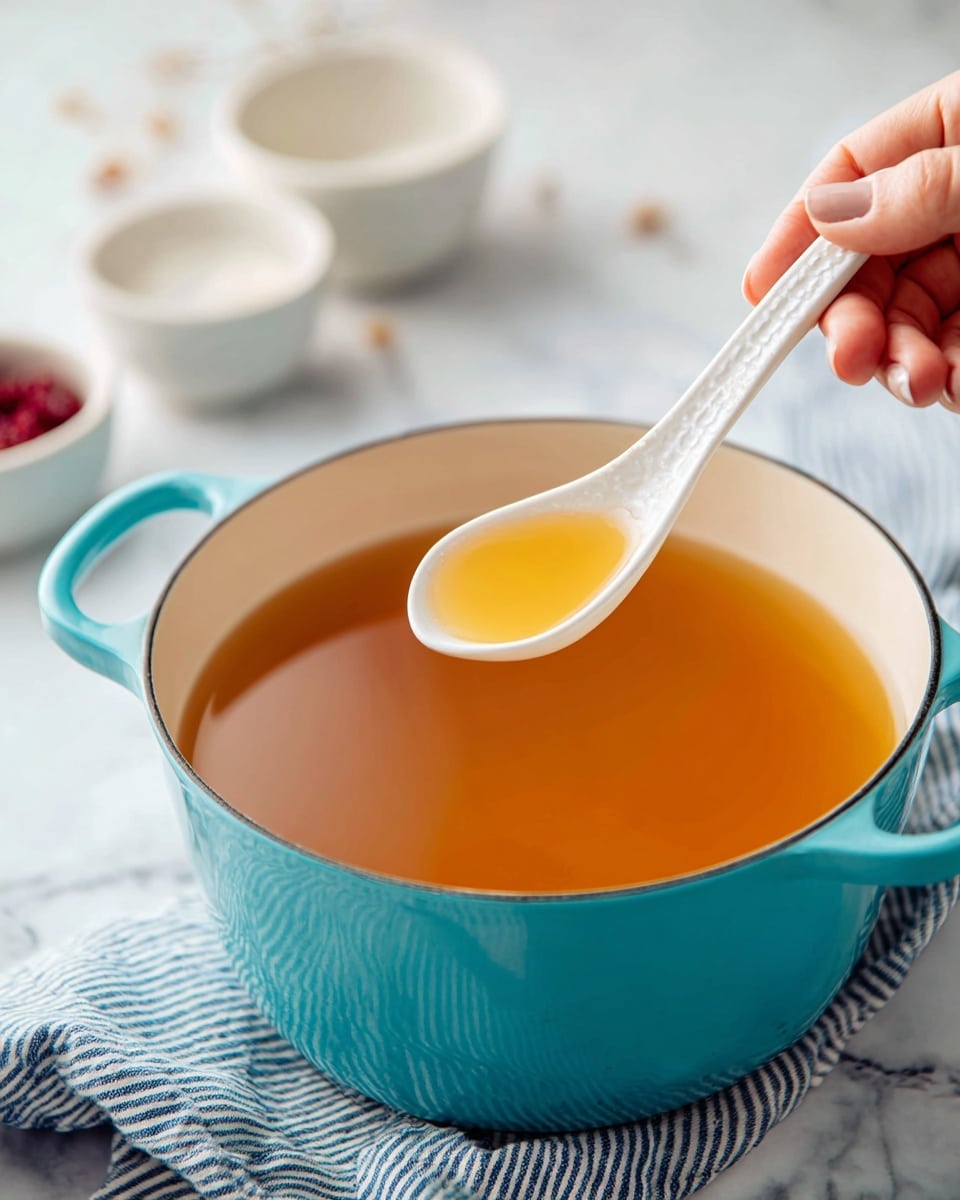 A turquoise pot with a white inside is filled with a clear orange liquid, resembling broth or stock. A white ceramic spoon is held above the pot by a woman's hand, showing a small amount of pale yellow liquid inside. In the background, there is a striped blue and white cloth on a white marbled surface with some white bowls and a small container with red contents, slightly blurred. The overall look is clean and bright with soft natural light photo taken with an iphone --ar 4:5 --v 7