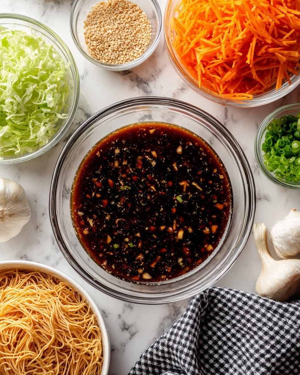 A clear glass bowl filled with a dark brown sauce with small bits scattered throughout sits in the center on a white marbled surface. Around it, there are four small white and clear bowls containing shredded light green lettuce, bright orange shredded carrots, finely chopped green onions, and light brown sesame seeds respectively. Near the bottom left corner, two garlic bulbs rest next to a white bowl filled with thin, crunchy, brown noodles. A black and white checkered cloth is casually placed on the right side. Photo taken with an iphone --ar 4:5 --v 7