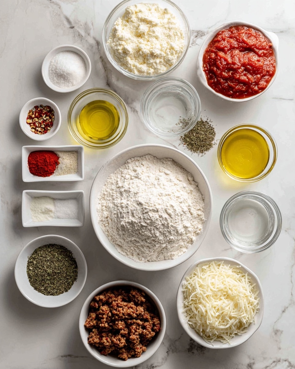 The image shows various ingredients arranged neatly on a white marbled surface. At the center is a large white bowl filled with white flour. To its right is a white bowl with shredded white cheese and above it a glass bowl with light yellow powder. Above that is a glass bowl with a white, finely chopped ingredient. To the top right of the flour bowl is a can of red crushed tomatoes. Surrounding these, at the top, are small bowls with olive oil (yellow liquid), dried green herbs, and red chili flakes. On the left side of the flour bowl are small white dishes holding minced garlic, salt, black pepper, and tomato paste (a deep red paste). There is also a small glass bowl of clear water and a small yellow liquid in a glass bowl. At the bottom left is a white bowl holding cooked browned ground meat. All bowls and dishes are white except two glass bowls, and everything sits on a white marbled surface. photo taken with an iphone --ar 4:5 --v 7