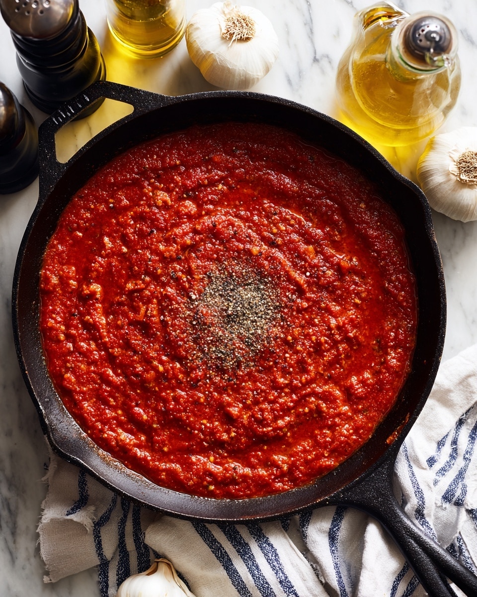 A close-up view of a black cast iron pan filled with a thick, chunky red tomato sauce that has a rich texture. Two piles of ground black pepper and coarse salt sit on top of the sauce near the center. The pan is placed on a white marbled surface with a striped white and navy cloth underneath one of its handles. Around the pan, there are two garlic bulbs, a bottle of yellow olive oil, and black and white pepper and salt grinders. Photo taken with an iphone --ar 4:5 --v 7
