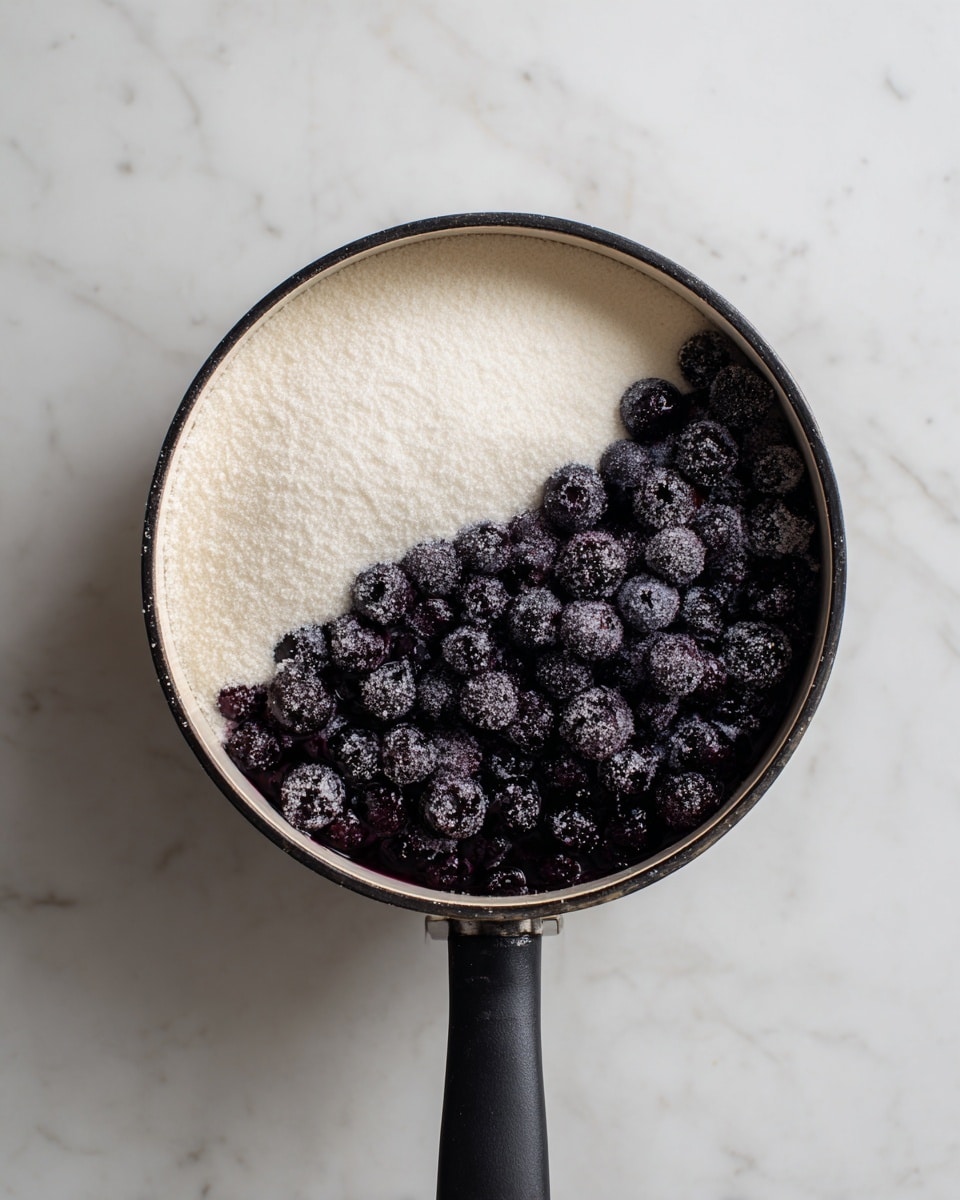 A round pot with a black handle is shown from above, sitting on a white marbled surface. Inside the pot, there are two layers: one side is filled with a thick layer of white sugar, smooth and even, while the other side has a layer of dark purple frozen blueberries, slightly frosted and clustered together. The blueberries take up about one-third of the space in the pot, resting next to the sugar. Photo taken with an iphone --ar 4:5 --v 7