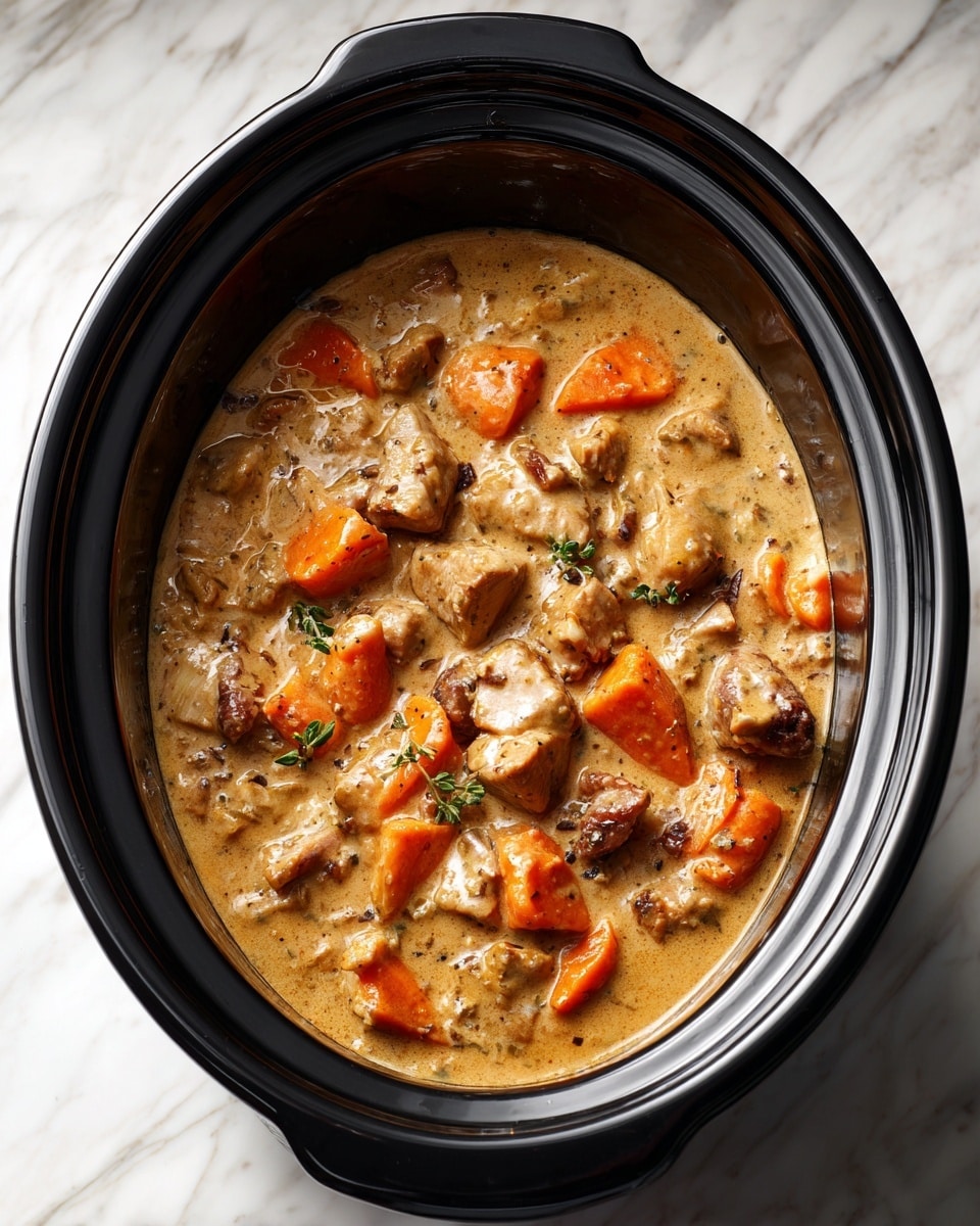 A black slow cooker filled with a thick stew showing chunky pieces of orange carrots and lighter beige chunks of meat mixed throughout the creamy light brown sauce, all resting on a white marbled surface photo taken with an iphone --ar 4:5 --v 7