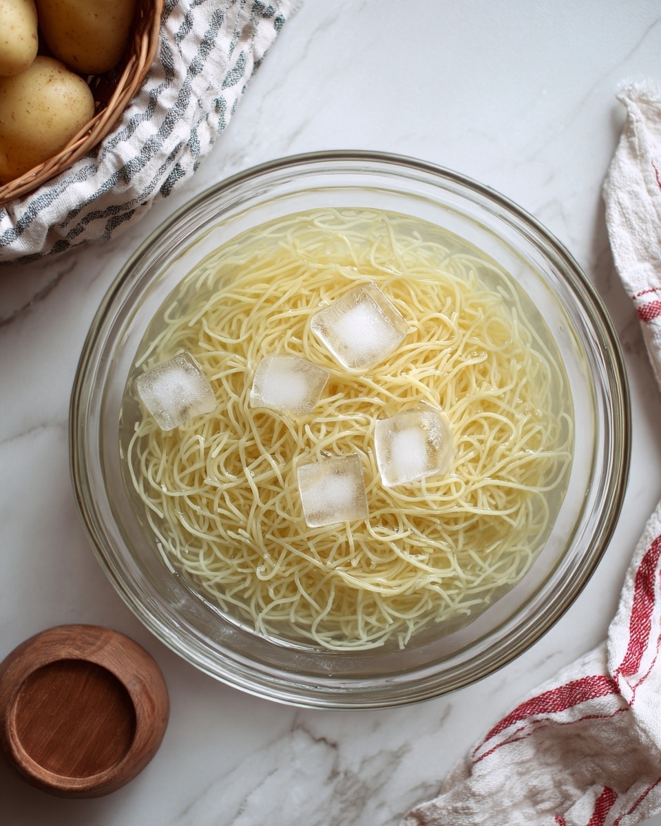 A clear glass bowl filled with thin, pale yellow noodle sticks soaked in a pale liquid, topped with several transparent ice cubes. The bowl is placed on a white marbled texture surface. To the top left, partially visible, is a basket with light brown potatoes on top of a white and black striped cloth. At the bottom left corner, a round wooden salt container is visible, and towards the bottom right, there is a white cloth with red stripes. The photo is taken with an iphone --ar 4:5 --v 7