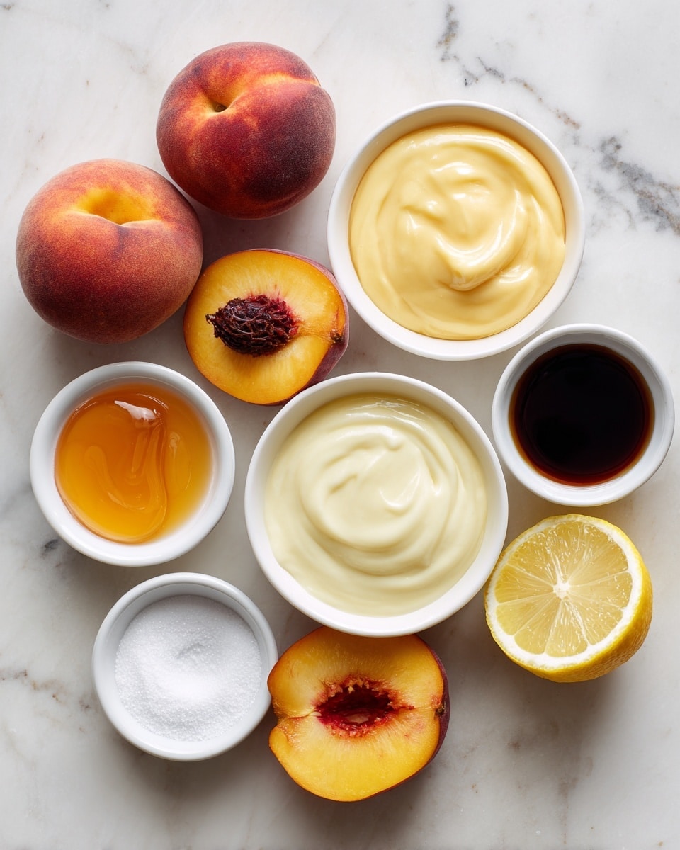The image shows a top view of various ingredients arranged on a white marbled surface. There are three whole peaches with reddish-orange skin and two peach halves displaying bright orange flesh with dark brown pits. In the center, two white bowls hold smooth, creamy mixtures in pale yellow and off-white colors. Surrounding them are three small white bowls: one with clear golden honey, one with a small amount of white powder (likely sugar or salt), and one with dark brown liquid (likely vanilla extract). Additionally, a lemon half with bright yellow flesh is placed at the bottom. The layout is neat, with the colors contrasting nicely against the white marbled background. Photo taken with an iphone --ar 4:5 --v 7
