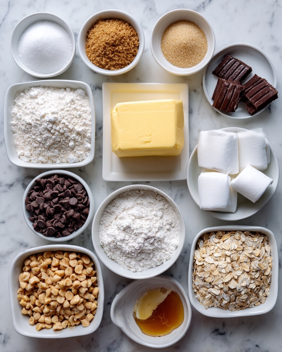 The image shows 13 white small square dishes and one white round small dish arranged in a rough circle on a white marbled surface. In the center is a yellow block of butter. Around it, starting from the top left and moving clockwise, are dishes filled with white granulated sugar, brown sugar, fine salt, baking powder, one white marshmallow next to a small round dish with white coconut oil, white flour, rolled oats, a white egg in a dish, light brown vanilla extract, dark chocolate chips, peanut butter chips, and peanut butter. Each ingredient is clearly visible with distinct colors and textures. Photo taken with an iphone --ar 4:5 --v 7