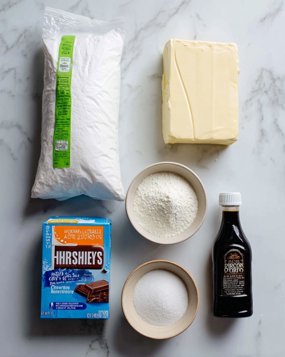 The image shows six baking ingredients placed on a white marbled surface: a large white bag of powdered sugar with a green label, a white block of unsalted butter with orange text, a blue and white box of cream cheese, a dark brown container of Hershey’s cocoa powder, a small beige bowl filled with white granulated sugar, and a dark plastic bottle of pure vanilla extract. All items are neatly arranged with visible brand labels and clear packaging details photo taken with an iphone --ar 4:5 --v 7