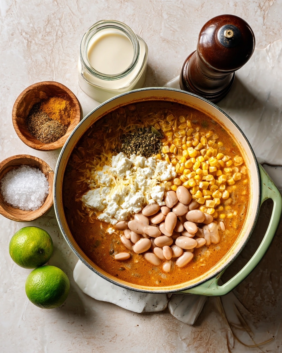 The image shows a light green cooking pot filled with a stew-like dish set on a white marbled texture. Inside, the dish has four main layers: a thick, orange-brown broth base with visible spices and herbs, a handful of yellow corn kernels on the right, a large pile of light pinkish-beige beans in the center, and four dollops of white cream cheese spread evenly around the beans. Around the pot, there is a small wooden bowl with coarse salt, a tall black pepper grinder, a glass jar with a creamy white liquid, and half a bright green lime. The overall look is rustic and hearty with warm colors. photo taken with an iphone --ar 4:5 --v 7