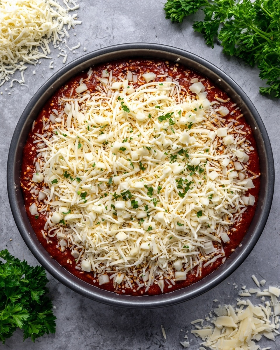 A round baking pan filled with a layered dish starting with a deep red tomato sauce base at the bottom spread evenly across the pan, topped with a thick layer of white, shredded and small chunked cheese scattered all over, giving a fluffy and textured look. The pan sits on a light grey surface with some green parsley leaves to the top right side nearby. photo taken with an iphone --ar 4:5 --v 7