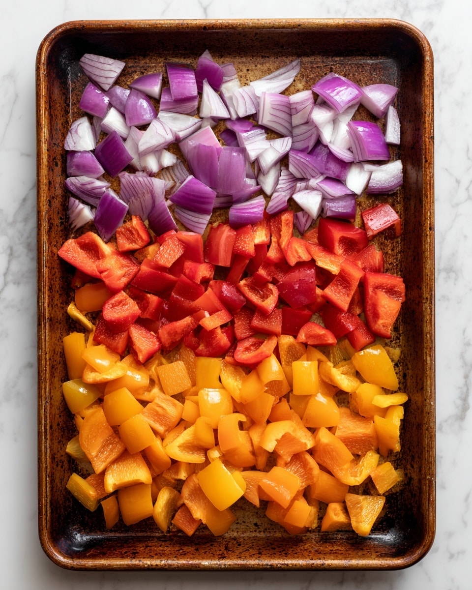 The image shows a rusty brown baking tray filled with three layers of chopped vegetables arranged in rows. The top layer consists of purple and white onion pieces with smooth, shiny textures. In the middle layer, there are bright red chunks of bell pepper with a mix of smooth and slightly wrinkled skins. The bottom layer has orange and yellow bell pepper pieces, featuring glossy surfaces and varied shapes. The baking tray sits on a white marbled surface. photo taken with an iphone --ar 4:5 --v 7