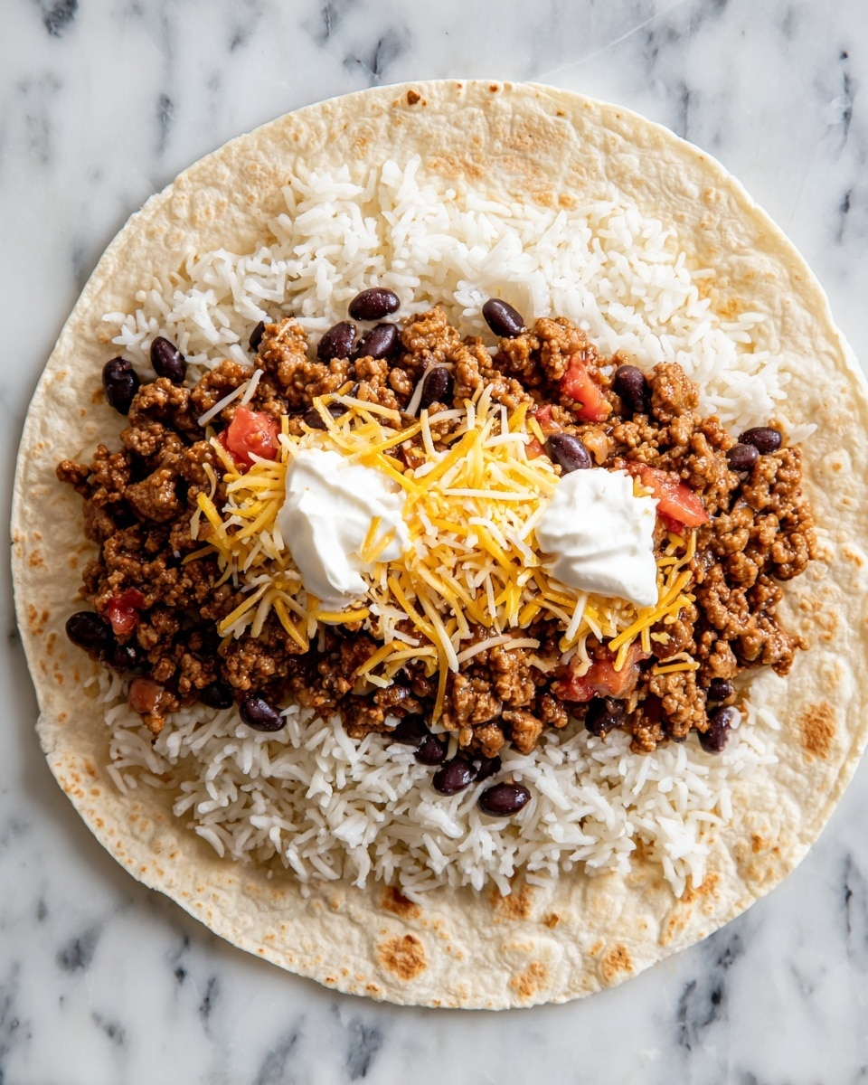 A large round tortilla lies flat on a white marbled surface. In the middle of the tortilla, there is a layer of white rice topped with small black beans scattered unevenly. Above the rice and beans sits a layer of cooked ground meat mixed with some bits of red tomato. On top of the meat, there is a sprinkle of yellow and white shredded cheese. Finishing the layers, two dollops of white sour cream are placed side by side on the cheese. The tortilla's background displays some slight brown spots typical of cooked tortillas. Photo taken with an iphone --ar 4:5 --v 7