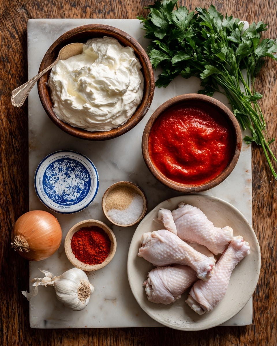 A large yellow pot filled with seven large chicken pieces covered in thick, rich red tomato sauce with a hint of oil and spices, garnished with small chopped green herbs scattered across the sauce and chicken. The sauce has a smooth texture with visible seasoning bits, and the chicken is nestled closely together inside the pot. The pot sits on a dark wooden table with a hint of a red cloth beneath and a white marbled surface visible in the upper right corner holding a bowl of beige spiral pasta. Photo taken with an iphone --ar 4:5 --v 7