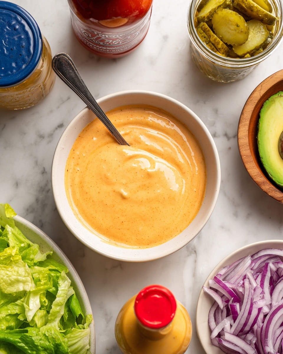 A white bowl sits in the center filled with a creamy, light orange sauce, smooth in texture with a silver spoon resting inside. Around the bowl on a white marbled surface are various ingredients: to the top left is a blue pickle jar lid, below it a jar of pickle slices with greenish-yellow liquid, to the top right a bright green avocado half with its brown seed, next to it a wooden bowl filled with thinly sliced purple onions, and to the bottom right a yellow bottle of Gulden’s spicy brown mustard with a red cap. Partially visible on the bottom left is a white plate filled with fresh green lettuce leaves. A red bottle of Hunt’s tomato ketchup is placed near the top center of the image. photo taken with an iphone --ar 4:5 --v 7