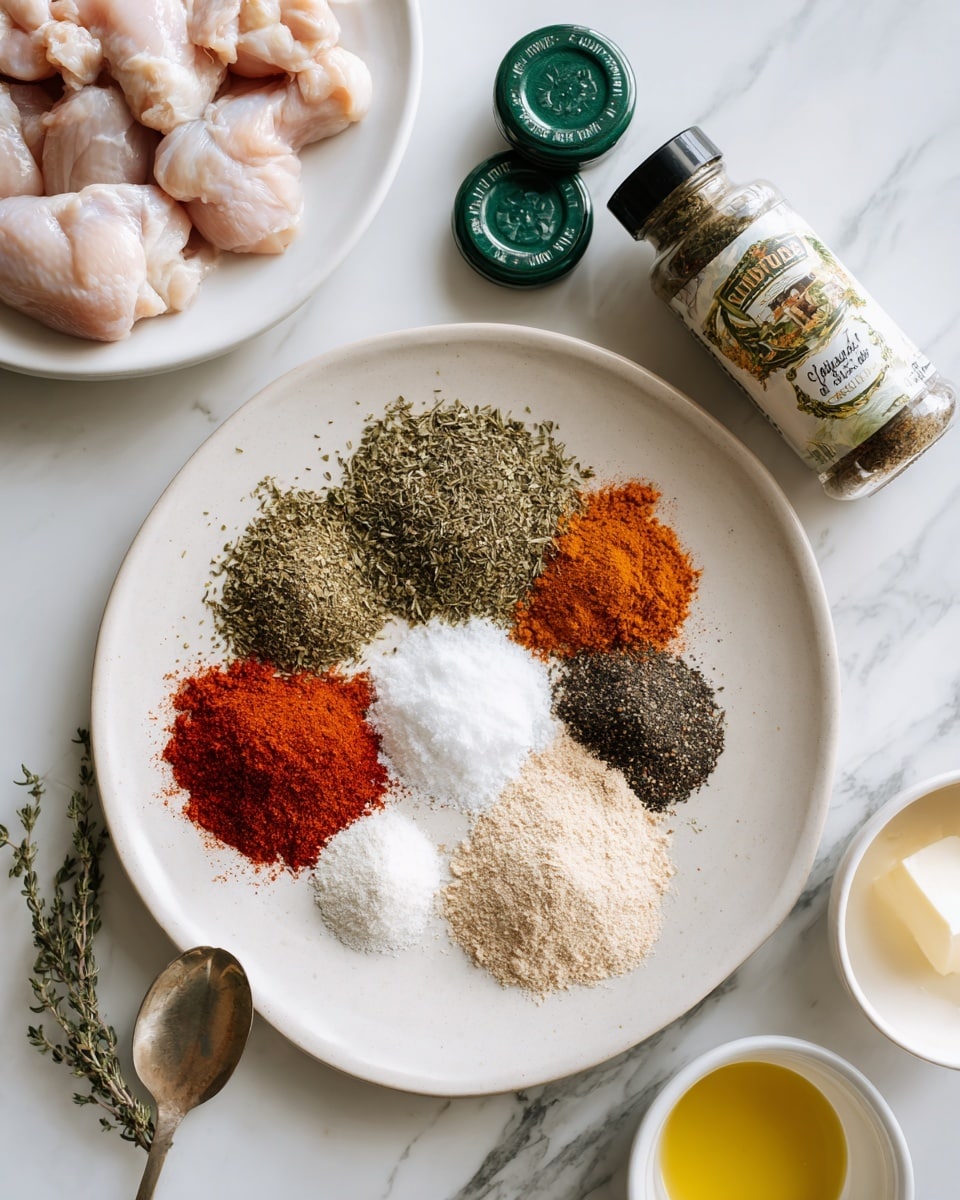 A white plate sits on a white marbled surface, holding seven distinct piles of spices arranged in a cluster at the center. The layers include a large pile of green dried herbs on the top left, a small heap of bright red paprika on the bottom left, a mound of coarse white salt in the middle, a small pile of dark orange cayenne pepper near the top right, a heap of finely ground black pepper on the right, a mound of light beige garlic powder below the black pepper, and a smaller pile of a darker dried herb on a silver spoon placed on the left side of the plate. Around the plate on the white marbled surface are fresh raw chicken pieces on a white plate at top left, two green spice jar lids, a bottle of organic cayenne pepper on the top right, a small white bowl with light yellow olive oil on the bottom right, and a white bowl with pale yellow softened butter. Photo taken with an iphone --ar 4:5 --v 7