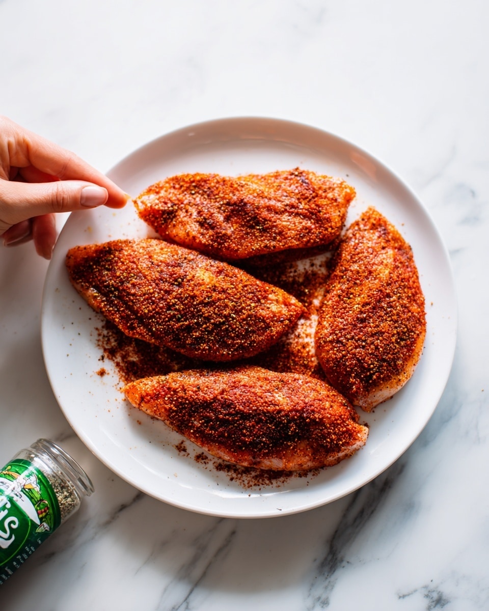 A white plate with four pieces of raw chicken coated in a red spice mix, showing a rough, grainy texture. The chicken pieces are arranged close together, each piece covered evenly with the spices. The plate is on a white marbled surface, and a woman's hand is reaching towards the plate from the top left corner. A small green and clear spice bottle is visible on the lower left side near the plate. photo taken with an iphone --ar 4:5 --v 7