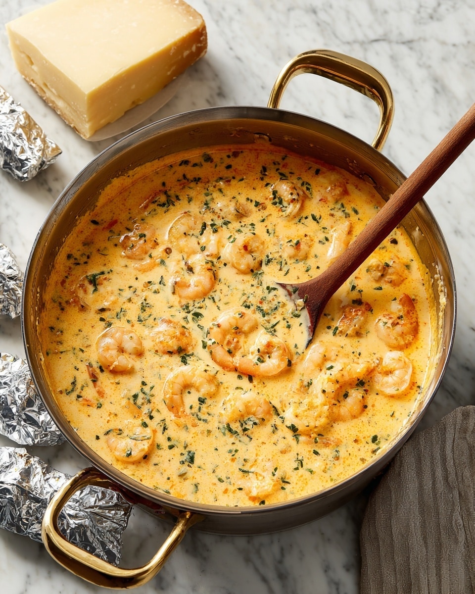 A large round pot with two handles, filled with a thick creamy sauce that is light orange in color with visible small chunks of shrimp and green herbs mixed evenly throughout. The sauce fills the pot almost to the top, and a long wooden spoon is partially submerged, stirring the sauce. The pot rests on a white marbled surface, with a large wedge of hard cheese and two silver foil-wrapped blocks of cheese nearby. Photo taken with an iphone --ar 4:5 --v 7